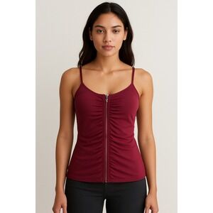 Fabletics Maroon Ruched Zip Front Tank Top‎ Sleeveless Small Athletic Activewear